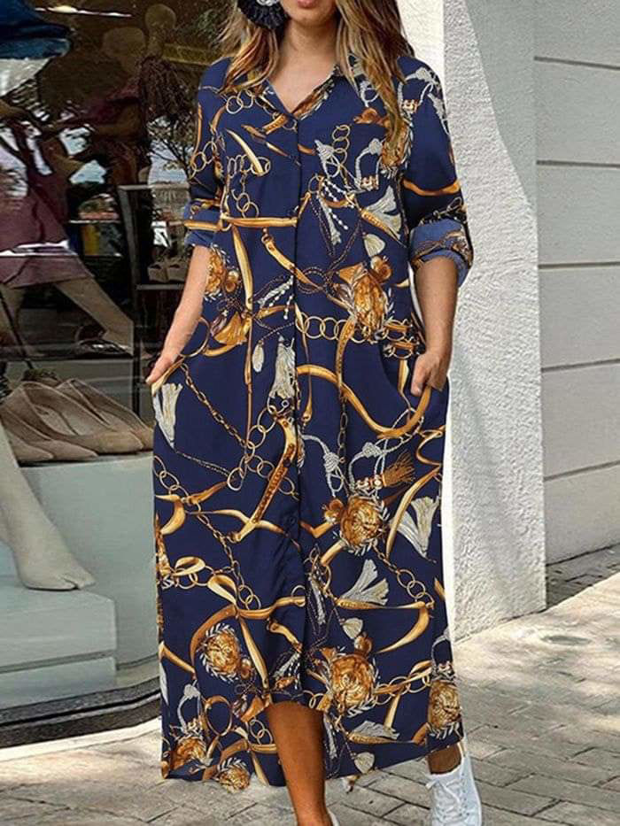 Picture of China print dark blue shirt dress