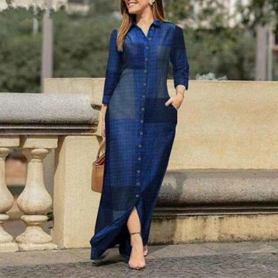 Picture of Blue colour block shirt dress