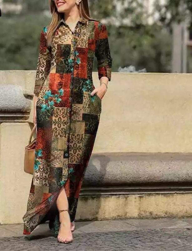 Picture of Brown patchwork notched dress