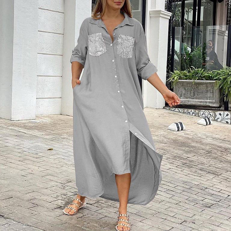Picture of Over sized with front pockets gray shirt dress
