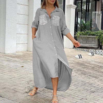 Picture of Over sized with front pockets gray shirt dress